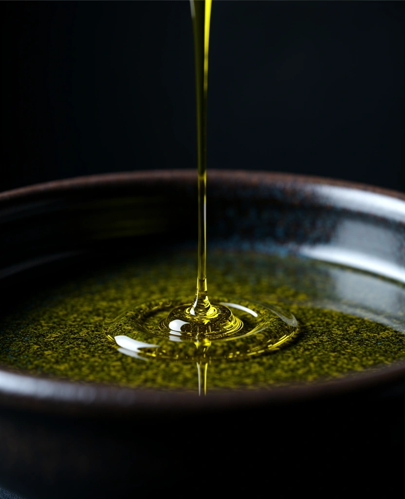 Aceite de oliva cayendo en un cuenco